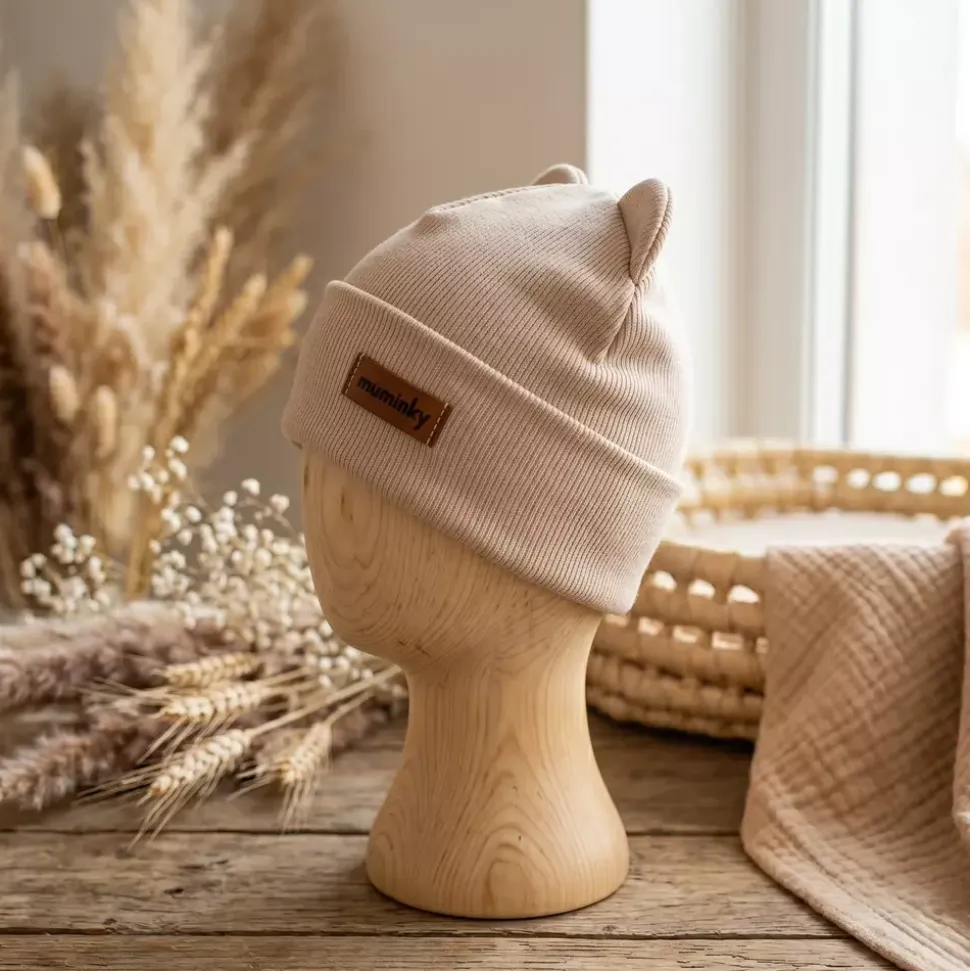 Czapeczka Niemowlęca Bawełniana Prążek | Beżowa
