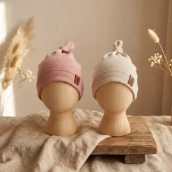 Czapeczki Niemowlęce Bawełniane Komplet 2szt | Różowa & Jasny Beż