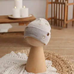 Czapka Haftowany Miś z Wełny Merino | Beżowa