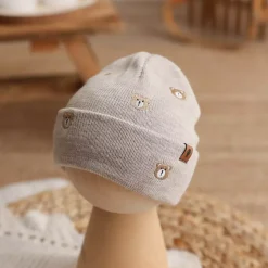 Czapka Haftowany Miś z Wełny Merino | Beżowa