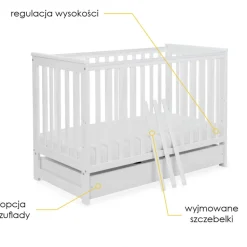 Łóżeczko Niemowlęce Drewniane 120x60 Regulacja Wysokości & Wyjmowane Szczebelki & Szuflada | Białe