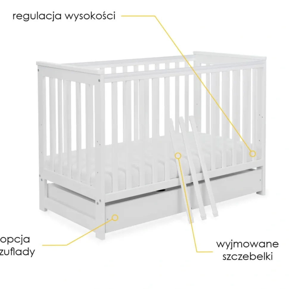 Łóżeczko Niemowlęce Drewniane 120x60 Regulacja Wysokości & Wyjmowane Szczebelki & Szuflada | Białe