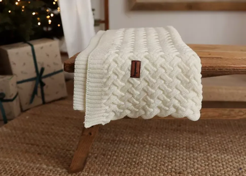 Kocyk z Wełny Merino Plecionka 75x100 | Kremowy
