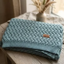Kocyk z Wełny Merino Plecionka 75x100 | Zielony (Sage)