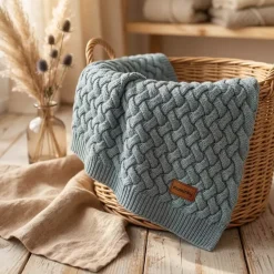 Kocyk z Wełny Merino Plecionka 75x100 | Zielony (Sage)