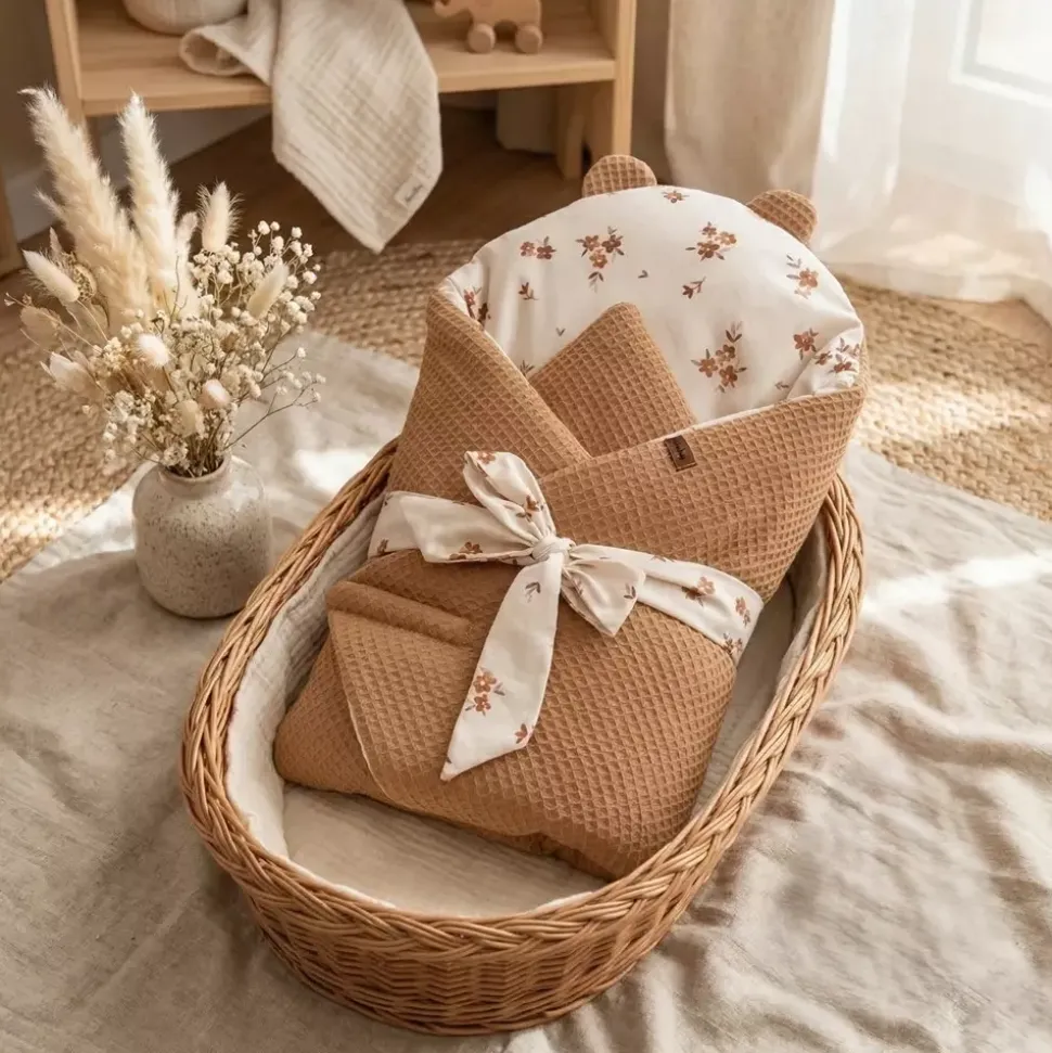 Rożek Becik Niemowlęcy Bawełniany | Little Brown Flowers & Karmelowy Wafel