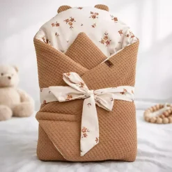 Rożek Becik Niemowlęcy Bawełniany | Little Brown Flowers & Karmelowy Wafel